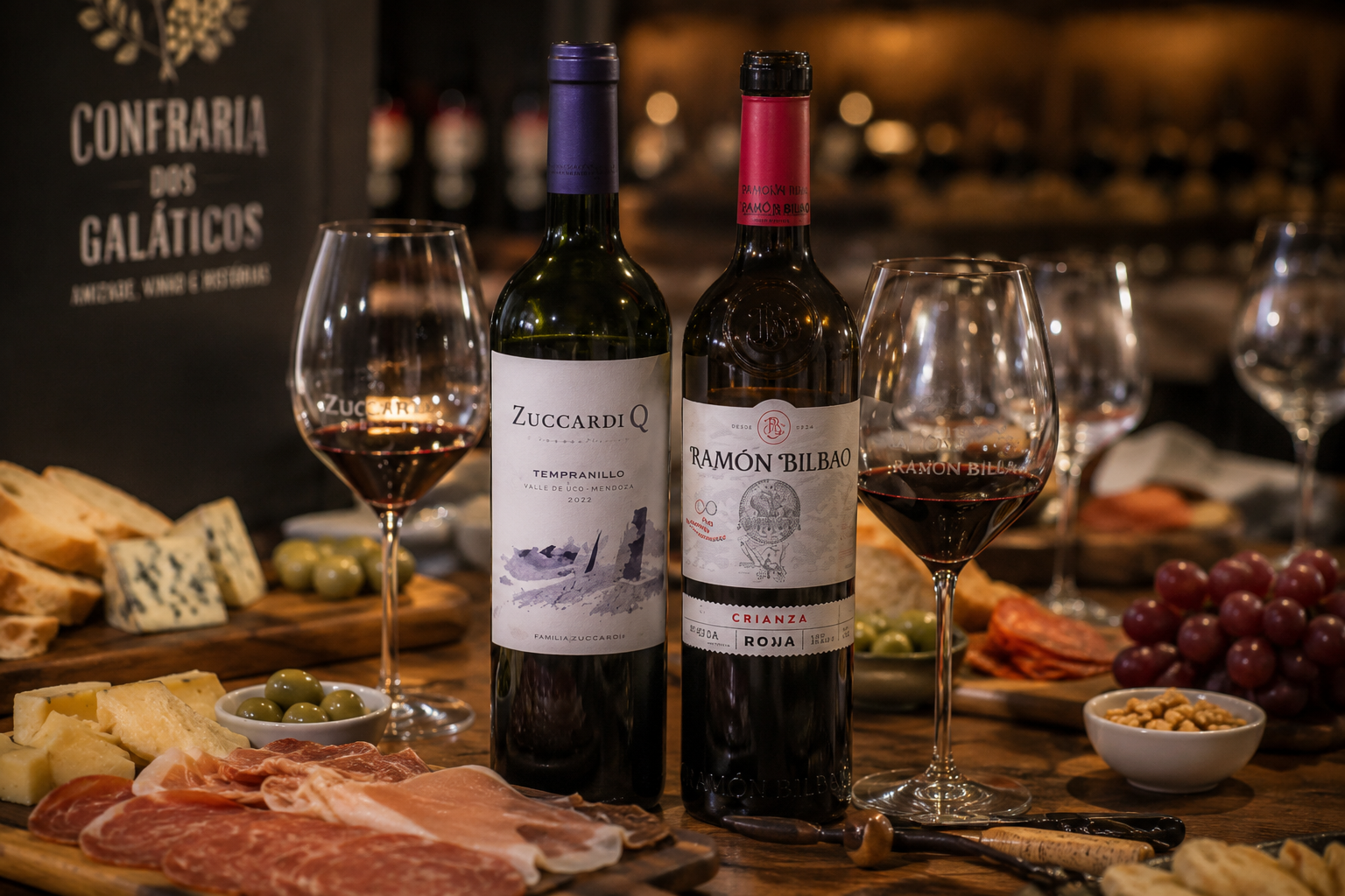 Mesa de degustação da Confraria dos Galáticos com vinhos, taças, queijos e frios